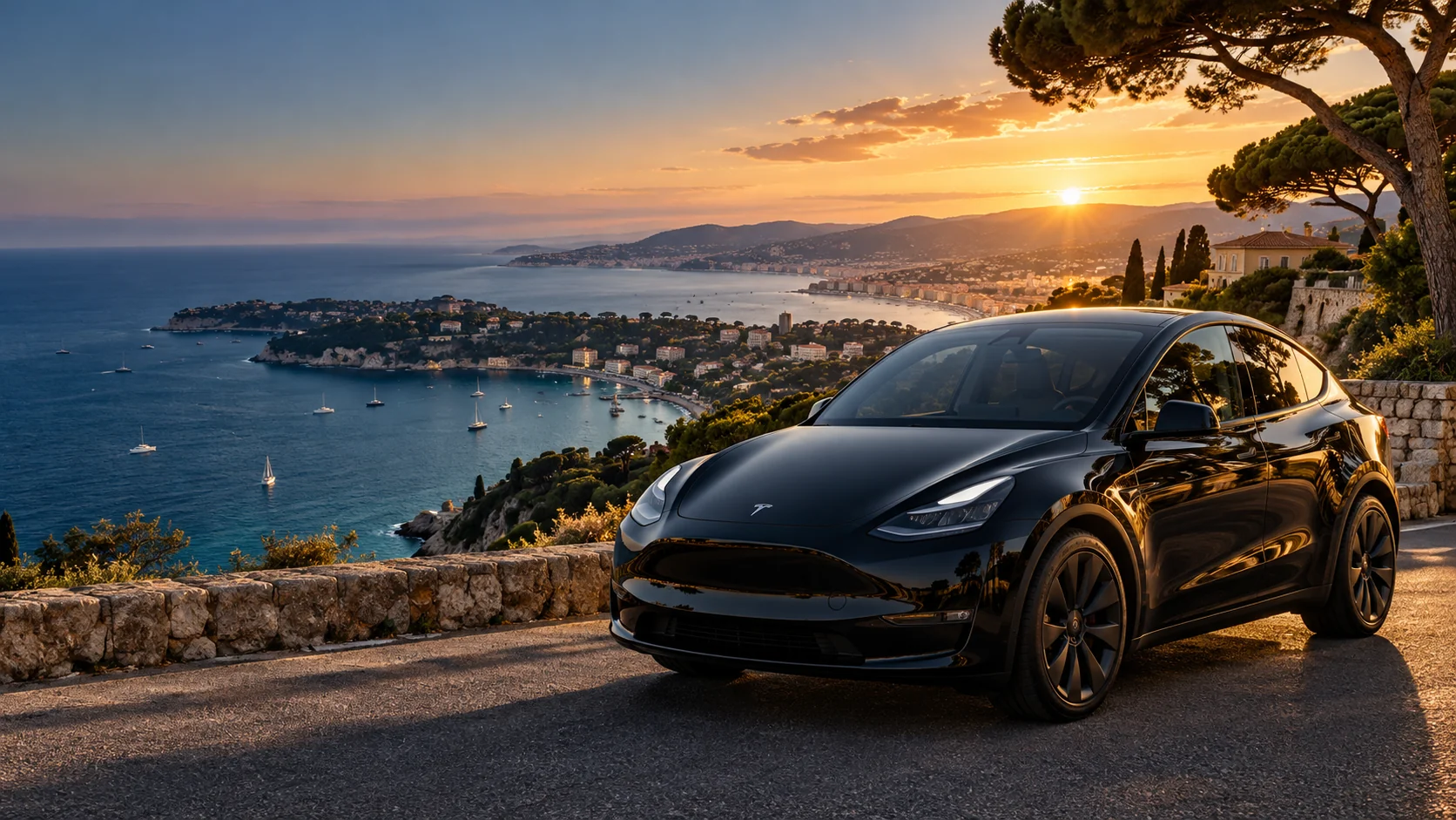 Black Tesla Model Y, Côte d’Azur